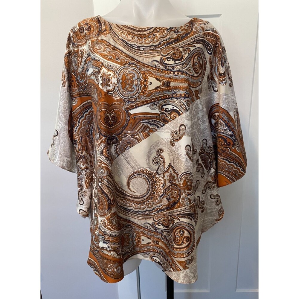 CHICOS Womens Poncho TOP Short Sleeve RUST Gray Blue PAISLEY Size S/M